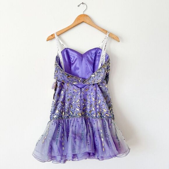 Party Time Formals Women’s Purple Iridescent All over Beaded Bodice Tulle Mini D - Picture 2 of 16